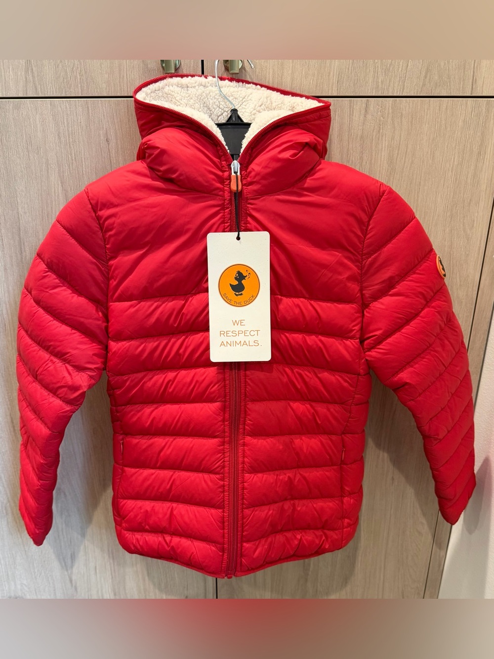 Save The Duck “Cory” Faux Fur Lined Hooded Jacket. NWTs. Red. Girls’ 10
